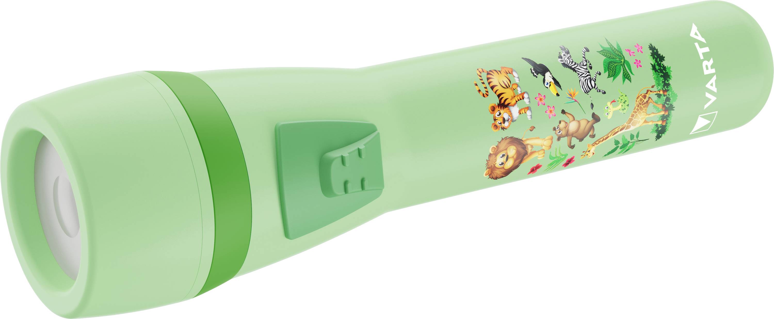 Zöld elemlámpa dzsungel mintázattal, amely oroszlánt, tigrist és zsiráfot ábrázol, Varta márka. Gyermekek számára tervezett dizájn.