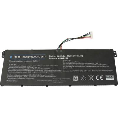 Lítium-polimer akkumulátor laptopokhoz, specifikációk: 11,4V, 41Wh, 3600mAh. Ártalmatlanítási és hőmérsékleti figyelmeztetések. Gyártva Kínában.