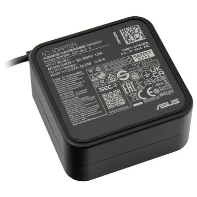 Fekete ASUS tápegység műszaki adatokkal és biztonsági jelzésekkel a felső oldalán. Modell: ADP-65JH AB, Kimenet: 19V, 3.42A.