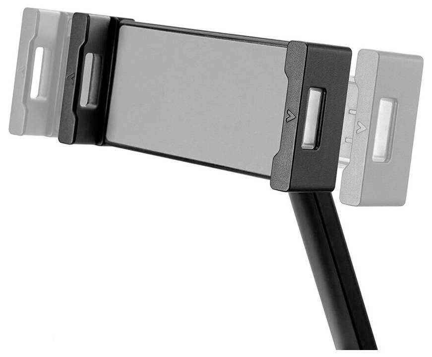 Egy fekete, műanyag tablet-tartó állítható csipesszel, amellyel rudakhoz vagy íróasztalokhoz rögzíthető.