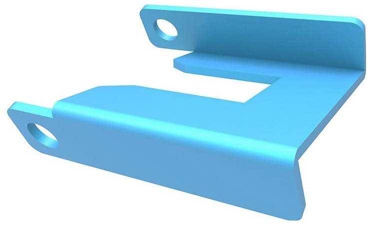Kék, L alakú fémdarab két rögzítőlyukkal, valószínűleg egy tartó vagy szerkezeti elem része.
