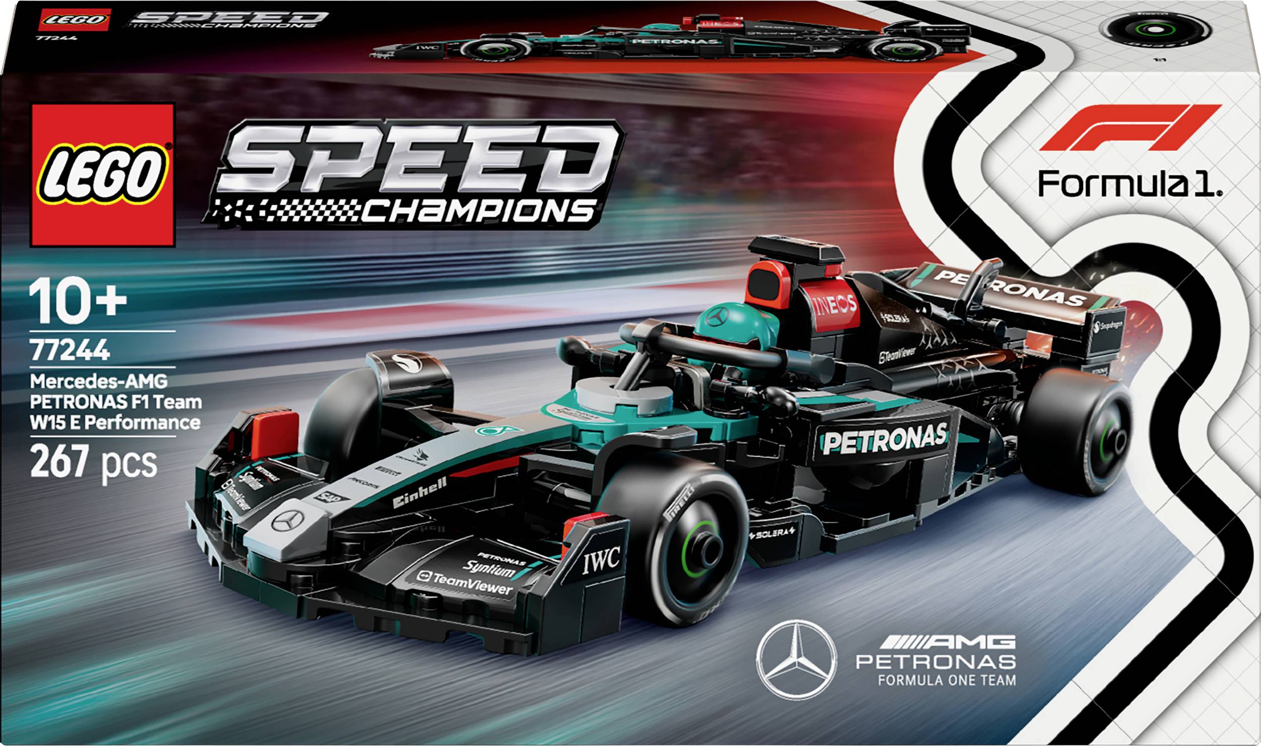 LEGO Speed Champions Szett 'Mercedes-AMG PETRONAS Formula-1 Csapat'. Tartalmaz egy versenyautót 267 darabbal. 10 éves kor felett ajánlott.