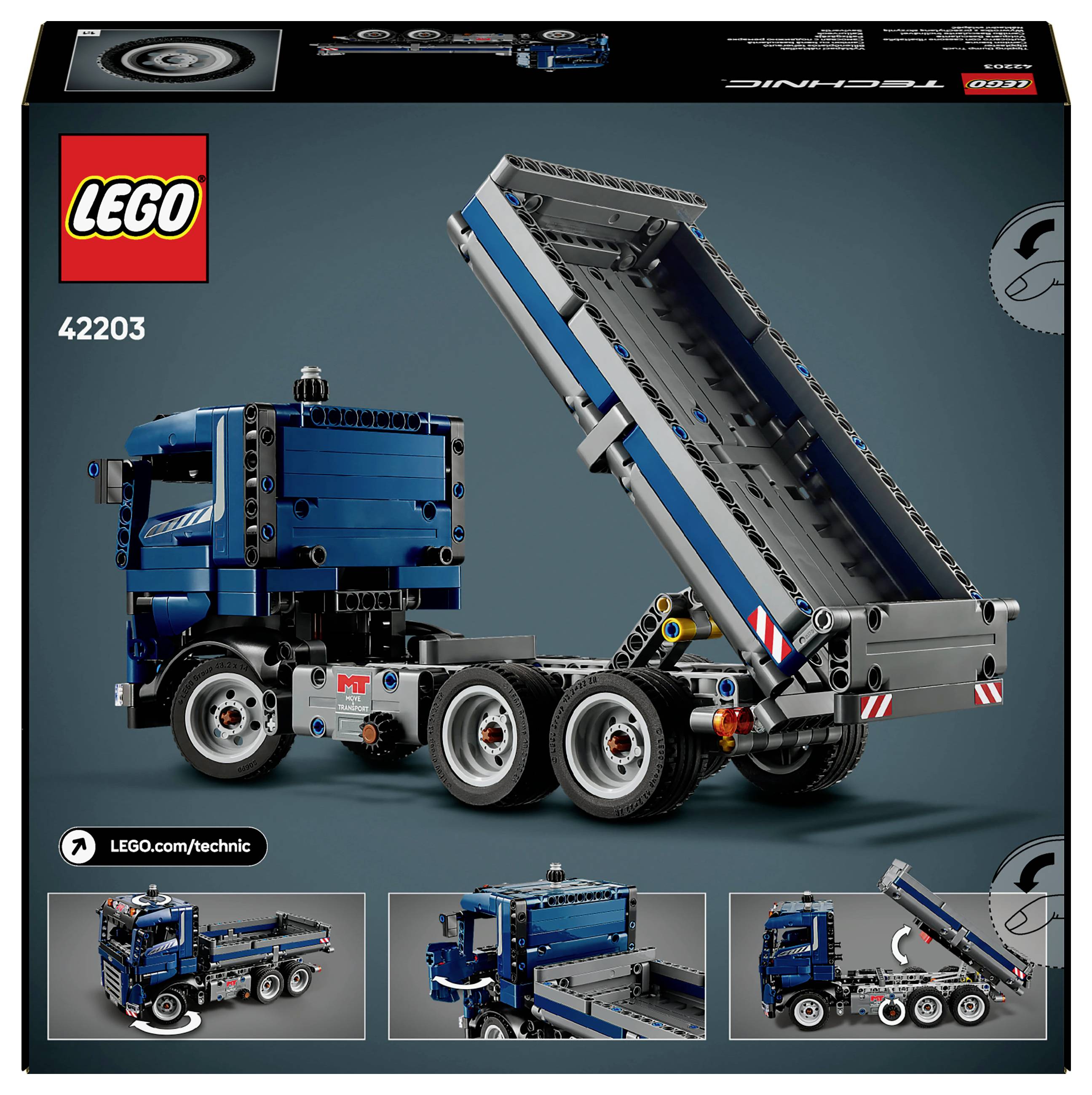 LEGO Technic 42203: Kék billenős teherautó felépített állapotban, mozgatható billenőplatóval, a csomagoláson bemutatva.
