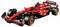 Egy piros Formula-1-es versenyautó-modell LEGO-ból, részletes matricákkal és alkatrészekkel, egy valódi F1-es járművet ábrázol.