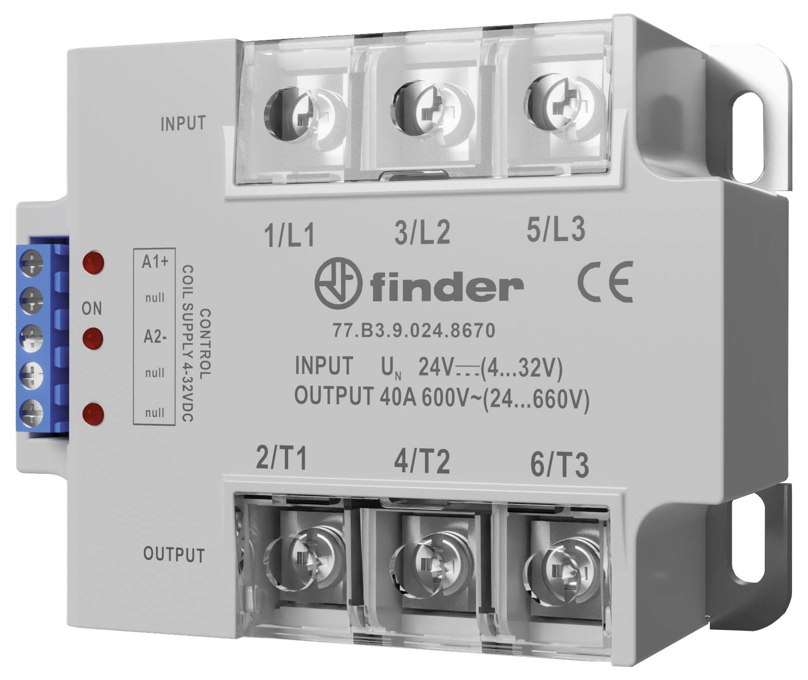 Egy fehér házban lévő elektromechanikus relé. 'INPUT' és 'OUTPUT' felirattal ellátva, 40A, 600V (24-660V) terhelhetőségre tervezve.