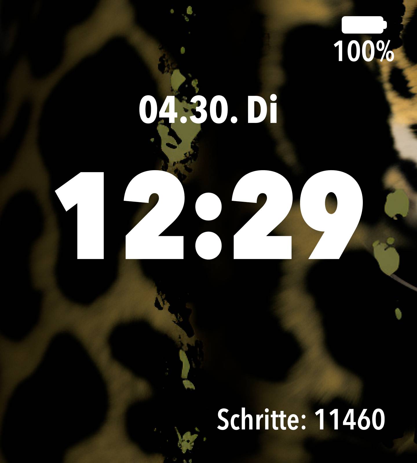 Egy digitális kijelző '12:29' időt, '04.30. Ke' dátumot, '100 %-os' akkumulátorállapotot és '11460 lépést' mutat egy állati háttérben.