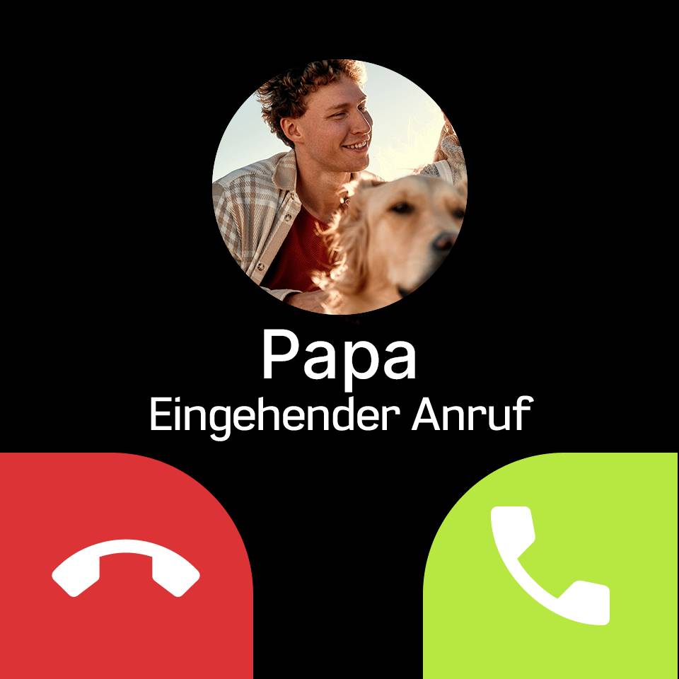 "Papa Bejövő hívás" egy bejövő hívást mutat egy személy és egy kutya profilképével. Piros gomb a hívás elutasításához, zöld gomb a hívás fogadásához.