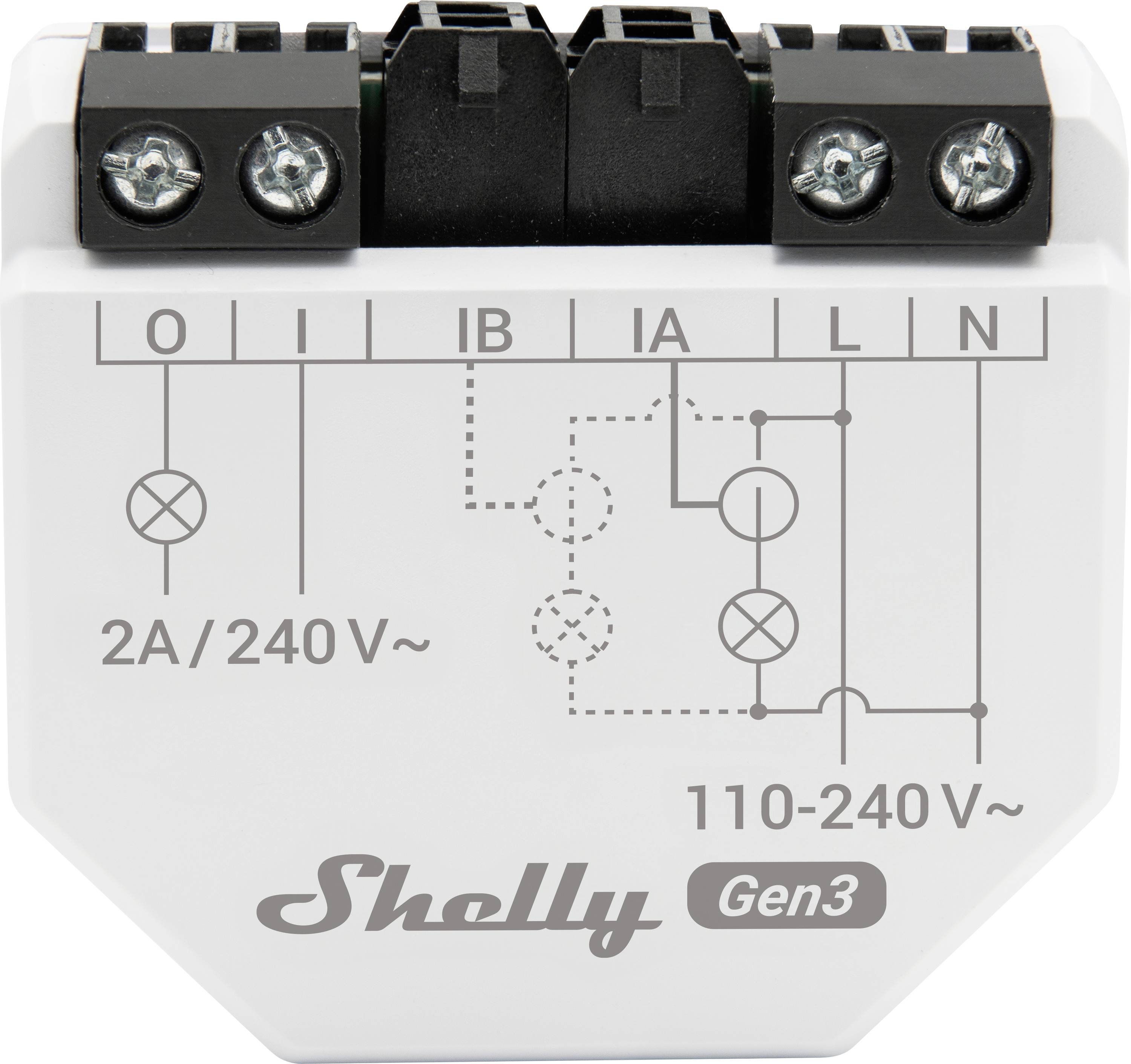 'Intelligens relé Shelly Gen3 bekötési rajzzal az elülső oldalán. Mutatja a csatlakozó sorkapcsokat és az elektromos specifikációkat 110-240V/2A feszültség és áramerősség mellett.'