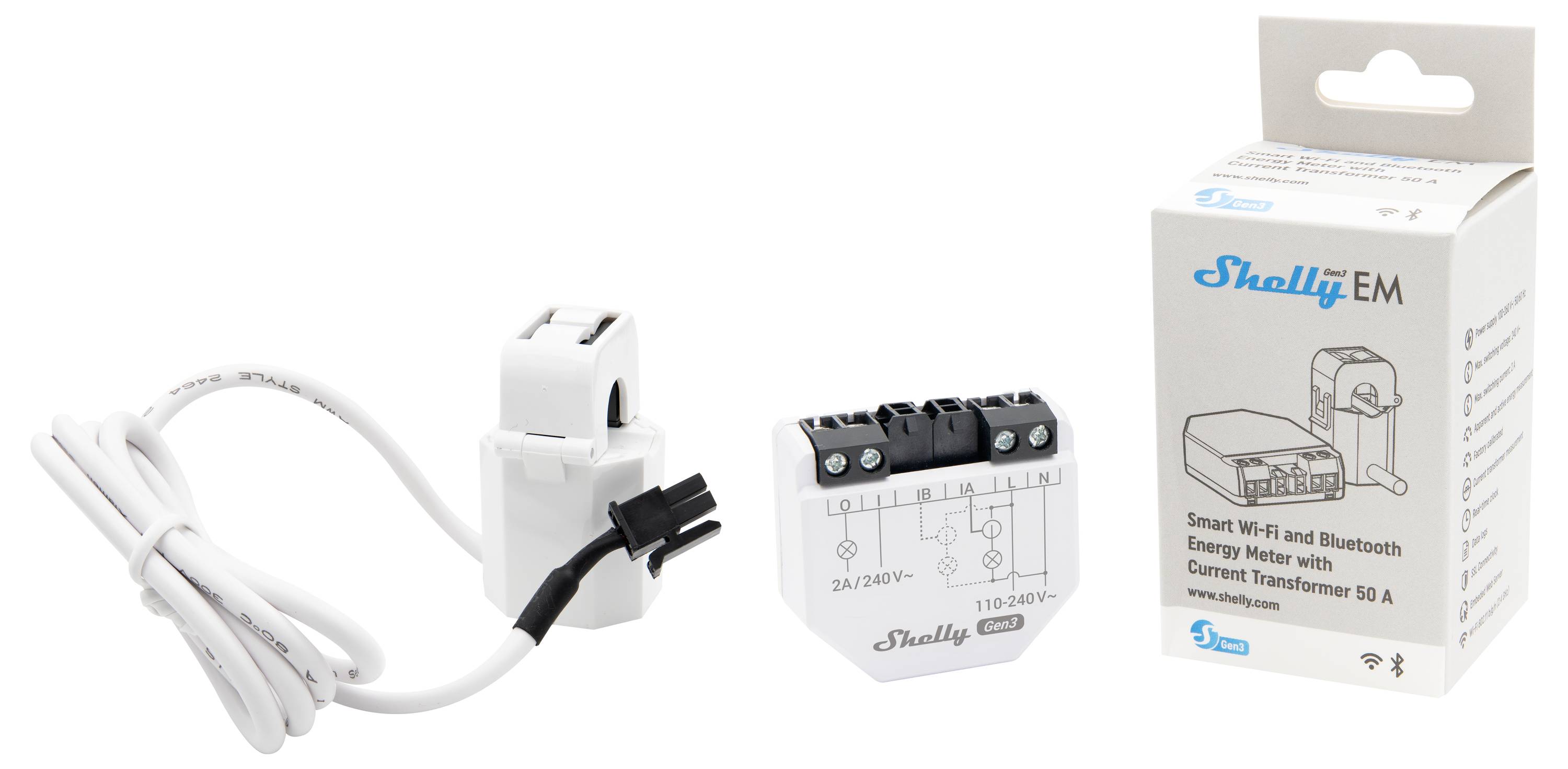 Intelligens Wi-Fi és Bluetooth energiamérő rendszer áramátalakítóval, csomagolással és tartozékokkal ábrázolva.