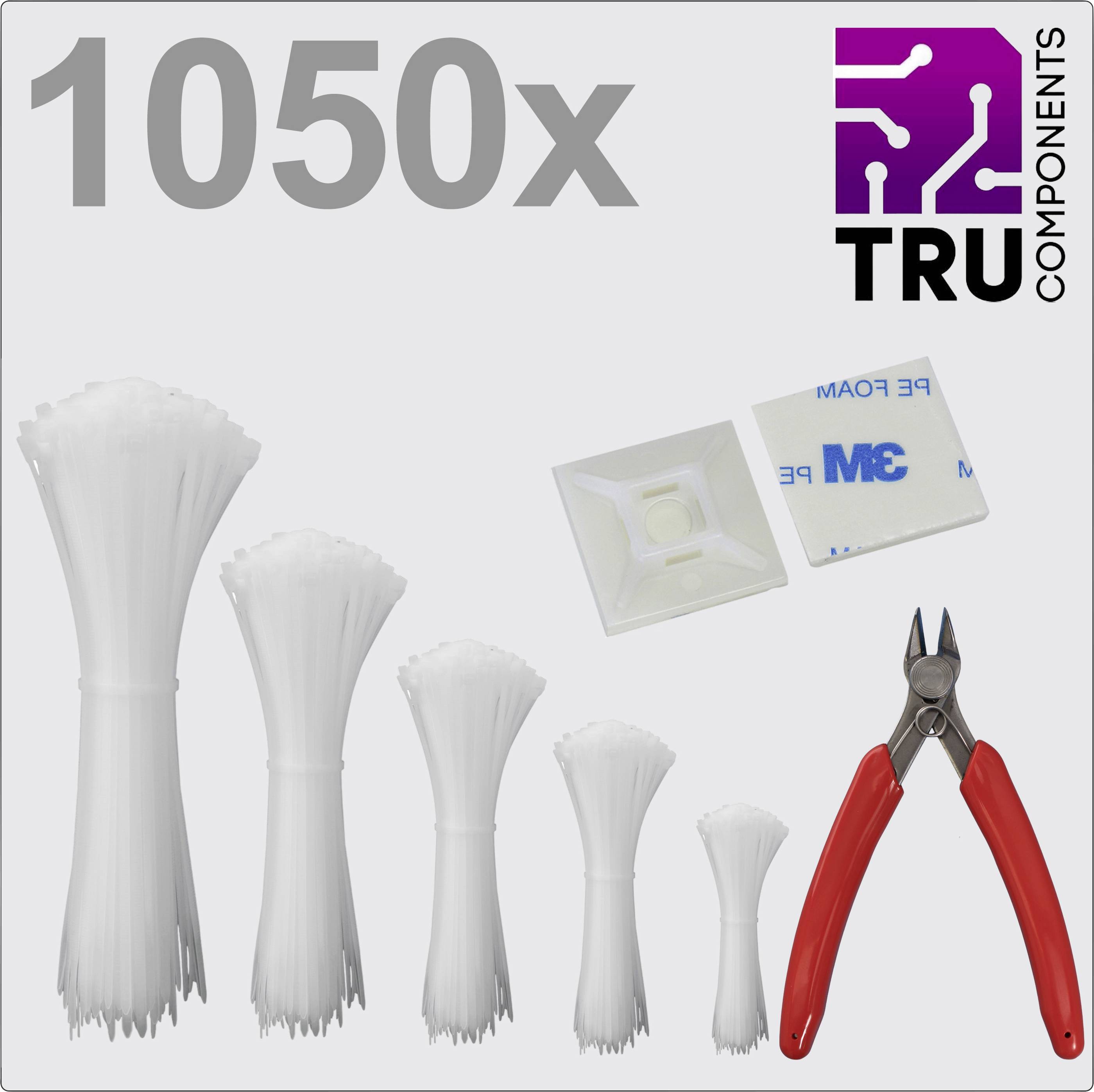 '1050x TRU COMPONENTS kábelkötegelő készlet, amely több méretű kábelkötegelőket, rögzítőfüleket és egy oldalcsípő fogót tartalmaz.'