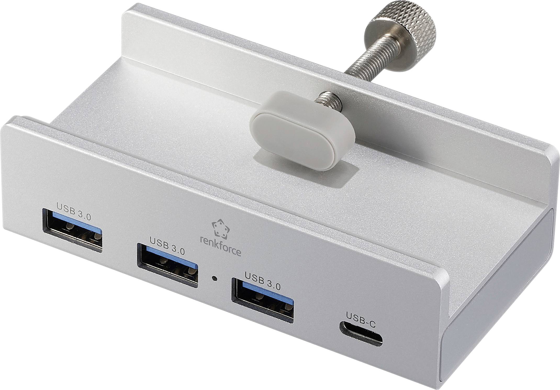 Fém USB-tartó két USB 3.0 csatlakozóval és egy USB-C csatlakozóval, asztali rögzítésre alkalmas.