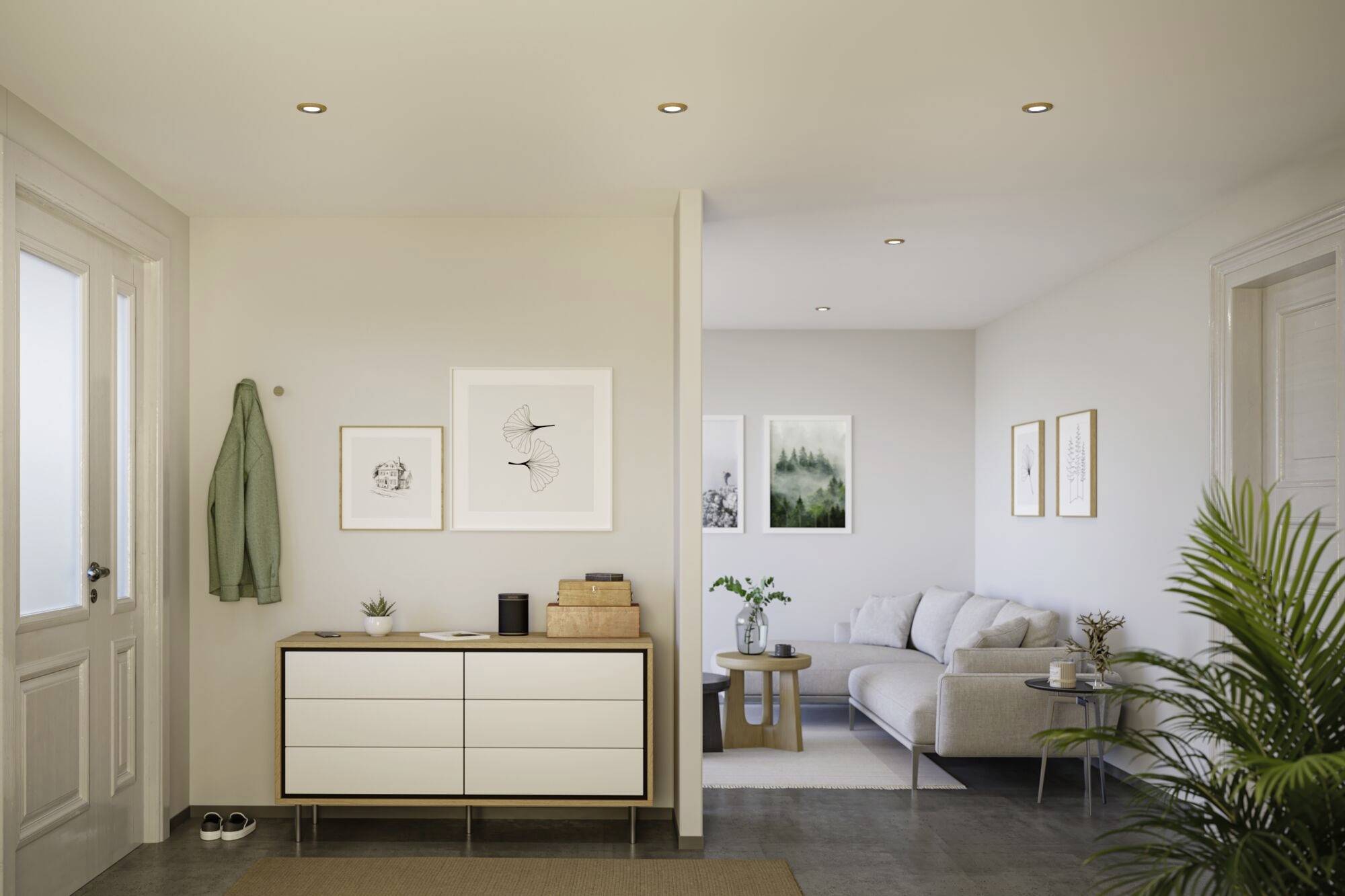 Modern előtér fa komóddal, falakon lógó képekkel és növényekkel. A háttérben egy hangulatos nappali.