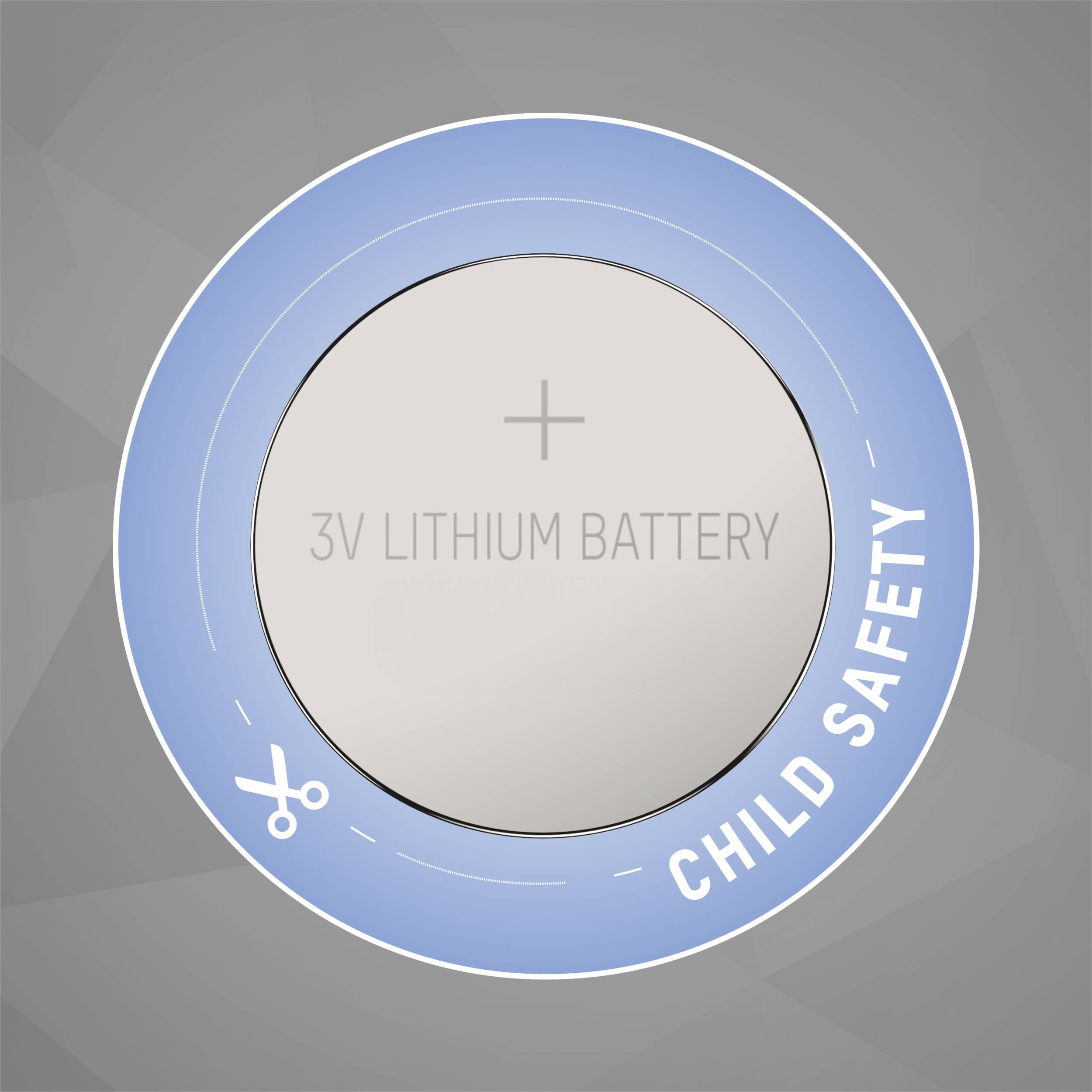 Egy kerek, kék csomagolás egy 3V-os lítium elemhez, amelynek a szélén a 'GYERMEKBIZTONSÁG' felirat olvasható és egy olló szimbólum található.