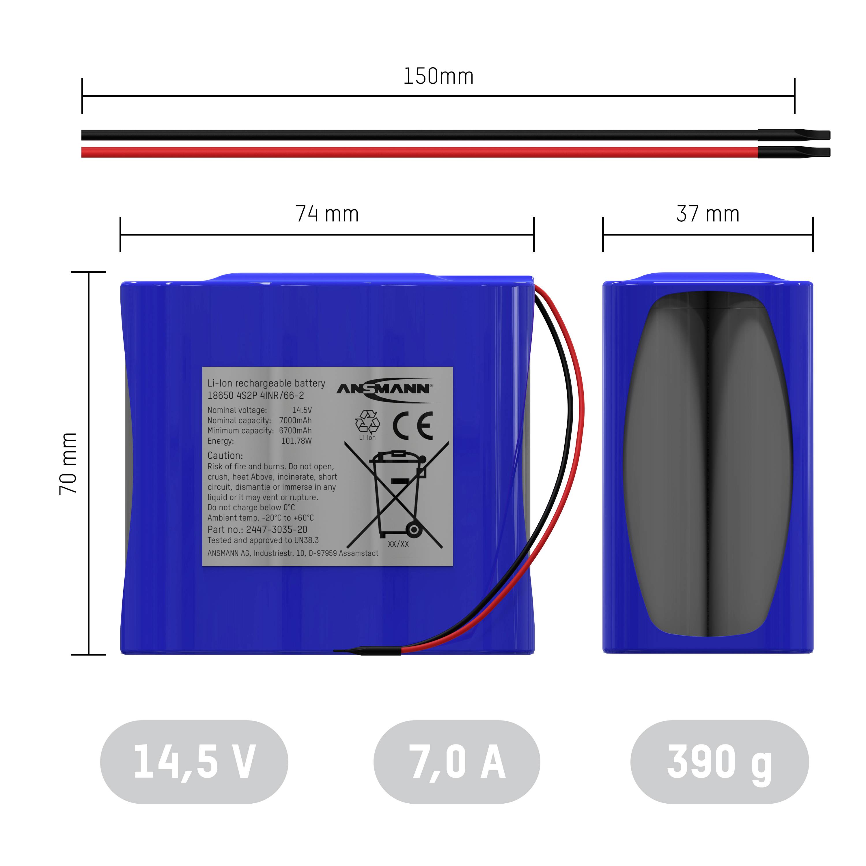 Egy kék akkumulátor 74 mm x 70 mm x 37 mm méretekkel. Kapacitás: 14,5 V, 7,0 A, tömeg: 390 g. Jelölés: Lítium-ion NCM technológia.