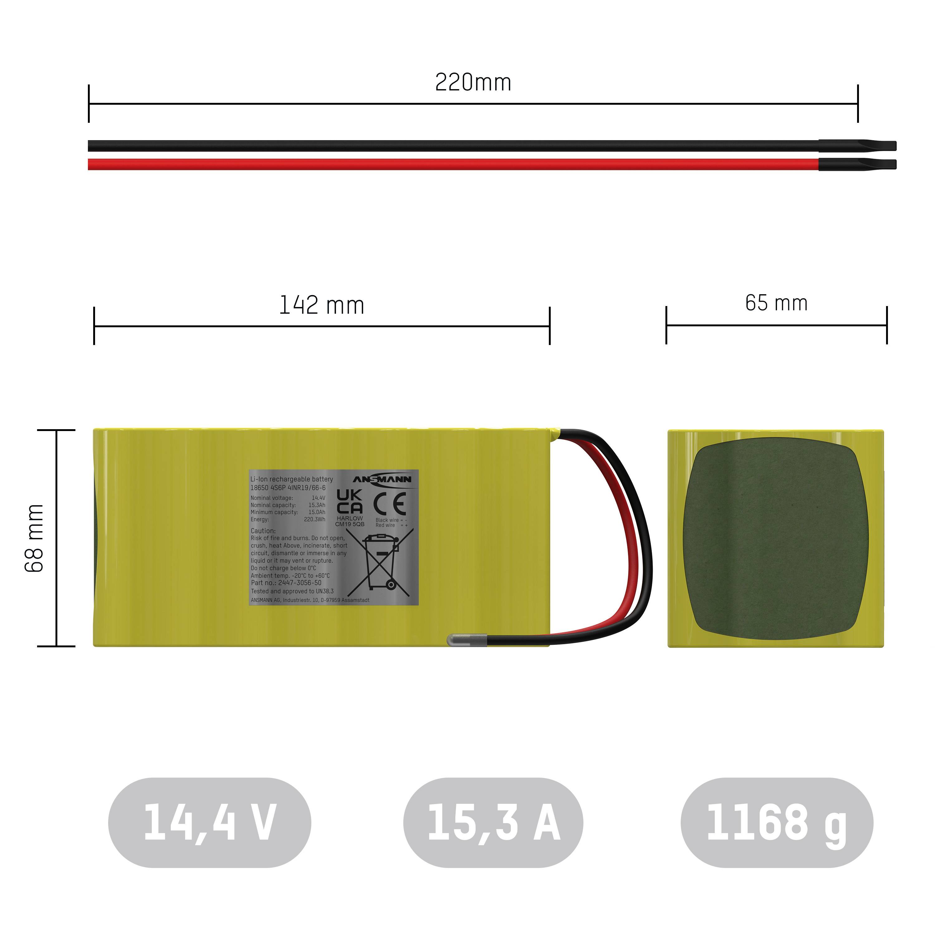 Sárga akkumulátor méretei: 68 mm magasság, 142 mm szélesség, 65 mm mélység. Feszültség: 14,4 V, kapacitás: 15,3 A, tömeg: 1168 g. Kábel: 220 mm.
