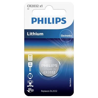 Philips CR2032 lítium elem 3V, elektronikai eszköz. A csomag bemutatja az elemet, alkalmazási szimbólumokat és helyettesítési információkat: DL2032.