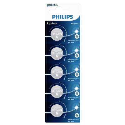 Öt darab Philips CR2032 lítium elem csomagolása. Felirat: 'Helyettesíti a DL2032-t, felhasználható:'. Elemek bliszter csomagolásban.