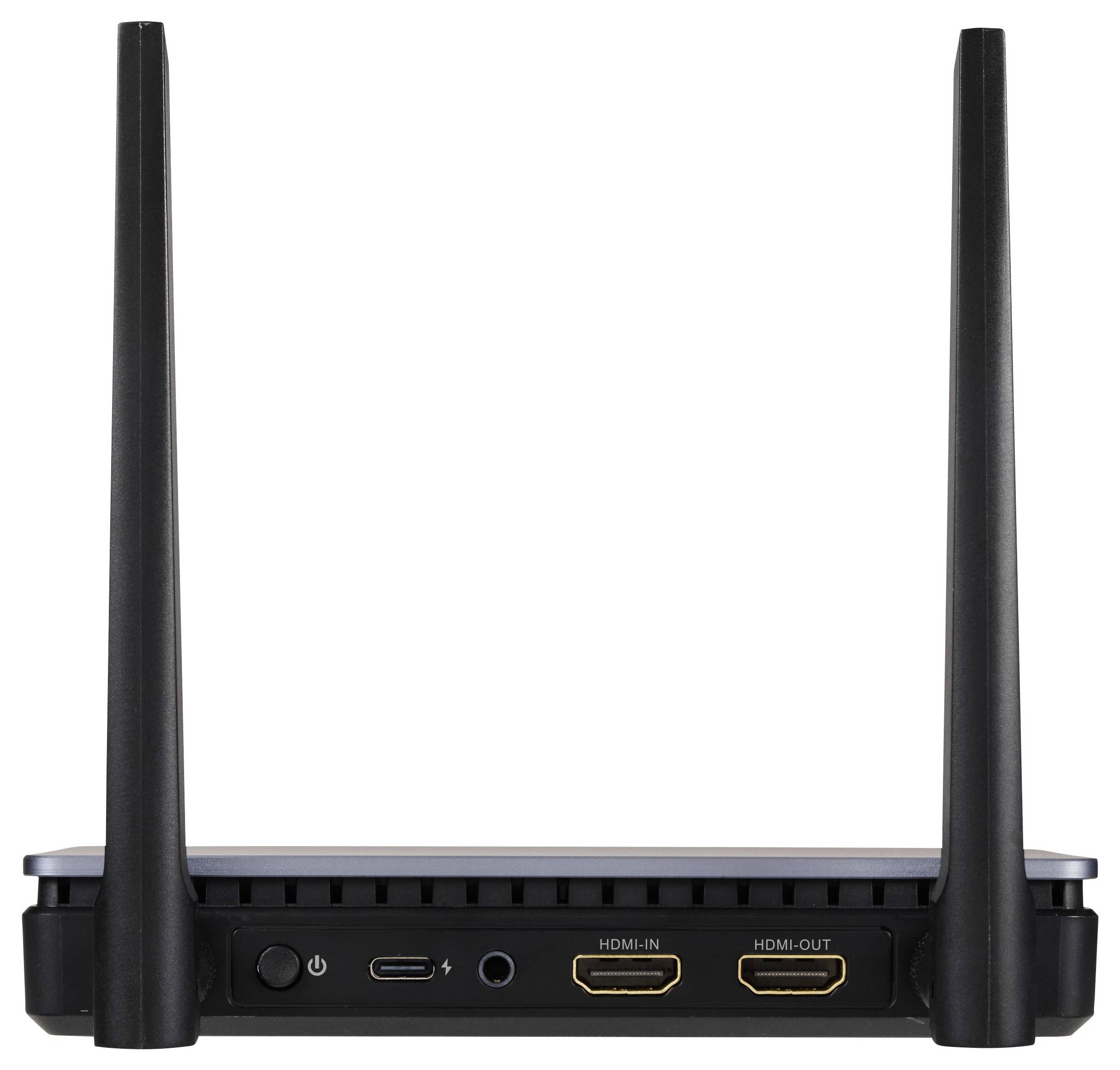 Egy fekete router két antennával, egy be-/kikapcsoló gombbal és HDMI-csatlakozókkal a hátoldalán.