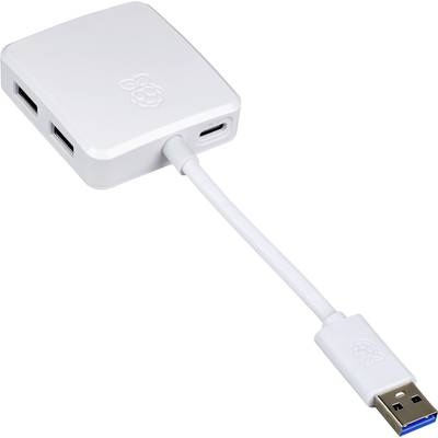 Fehér adapter két USB-porttal, egy Ethernet-csatlakozóval és egy USB-kábellel.
