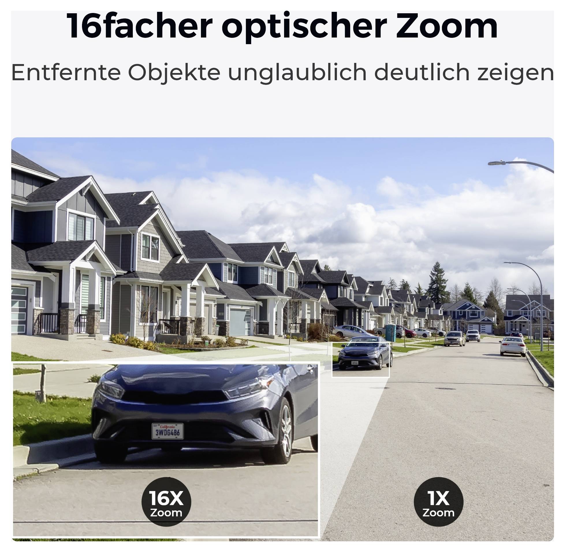 Utcakép házakkal, amelybe beillesztett képek hasonlítják egy autó képének élességét 16x és 1x optikai zoom esetén. A szöveg olvasható: '16-szoros optikai zoom. Távolban lévő tárgyakat hihetetlen élesen mutatni'.