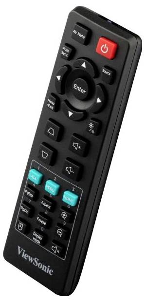 Fekete távirányító piros, zöld és kék gombokkal. Jobb felső sarokban a be-/kikapcsoló gomb, alatta egy nyílgombokkal ellátott mező, benne az 'Enter' gombbal.