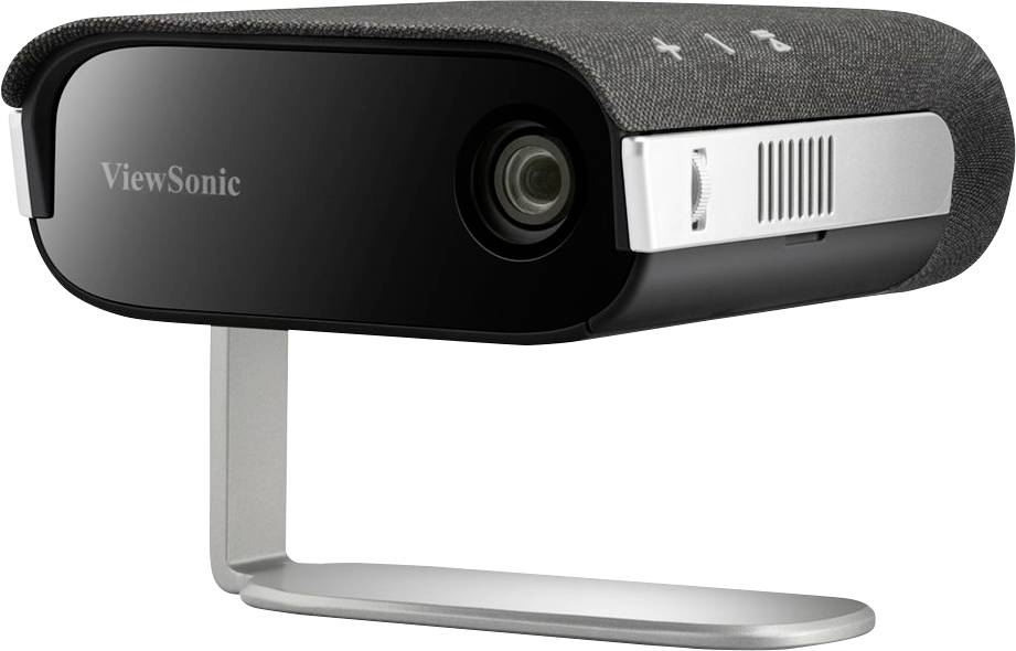Hordozható projektor elegáns dizájnnal, fémállványra szerelve, otthoni moziélményt nyújt. A 'ViewSonic' márkafelirat az előlapján látható.
