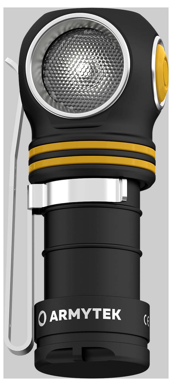 Zseblámpa 90 fokkal dönthető fejjel, fekete házban, sárga gyűrűkkel és rögzítőcsipesszel. Márkanév: 'ARMYTEK'.