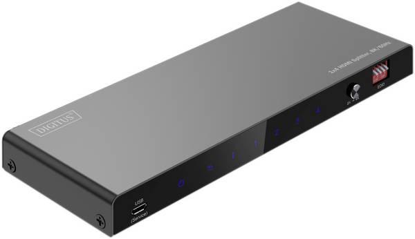 Digitus DS-55340 4 port HDMI elosztó Külön kapcsolható, LED-es kijelző, Státusz LED-del, Ultra HD-re alkalmas, belső használatra, Fém ház 7680 x 4320 pixel Fekete