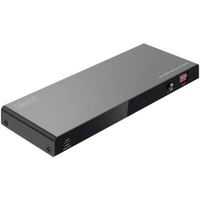 KVM-kapcsoló USB-C csatlakozóval, öt számozott porttal és egy felső oldalán elhelyezett választógombbal az eszközök közötti váltáshoz.