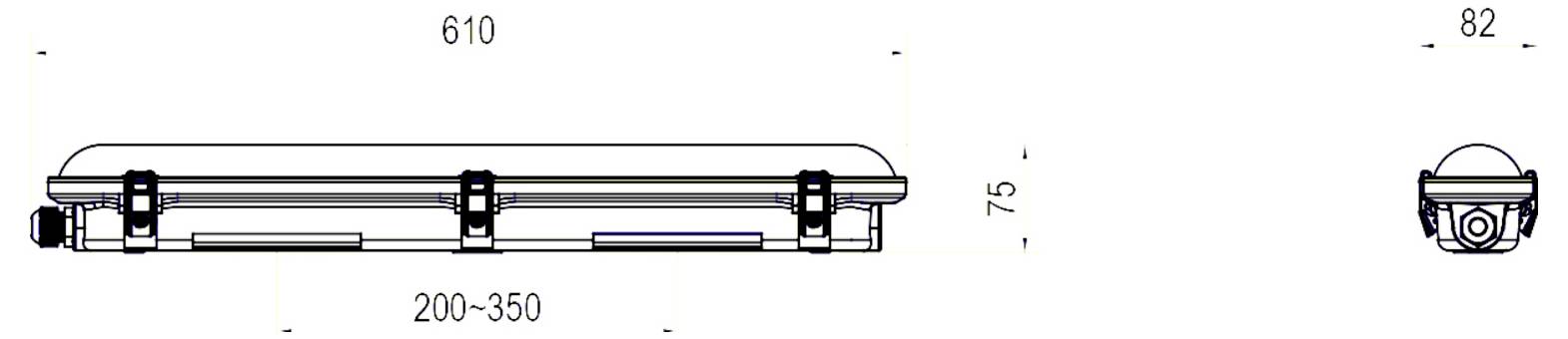 Hosszú, hengeres alkatrész műszaki vonalrajza három rögzítőbilinccsel; a feltüntetett méretek: 610 mm hosszú, 200–350 mm széles és 75 mm magas.