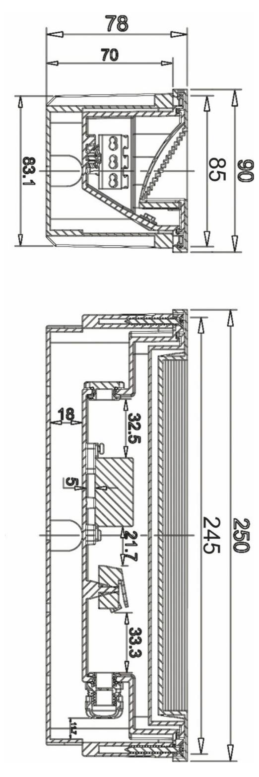 Egy keretes egység műszaki keresztmetszeti rajza, amely a 78, 70, 83,1, 85, 90, 245 és 250 mm-es méreteket mutatja a belső alkatrészekkel és mérési feliratokkal.