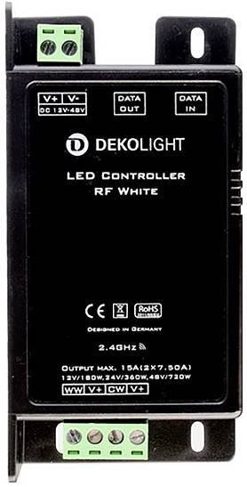 Fekete LED-vezérlő, rajta a 'DEKOLIGHT' felirattal, látható frekvenciaértékek és csatlakozási portok. Alkalmas 12V-48V feszültségtartományhoz.