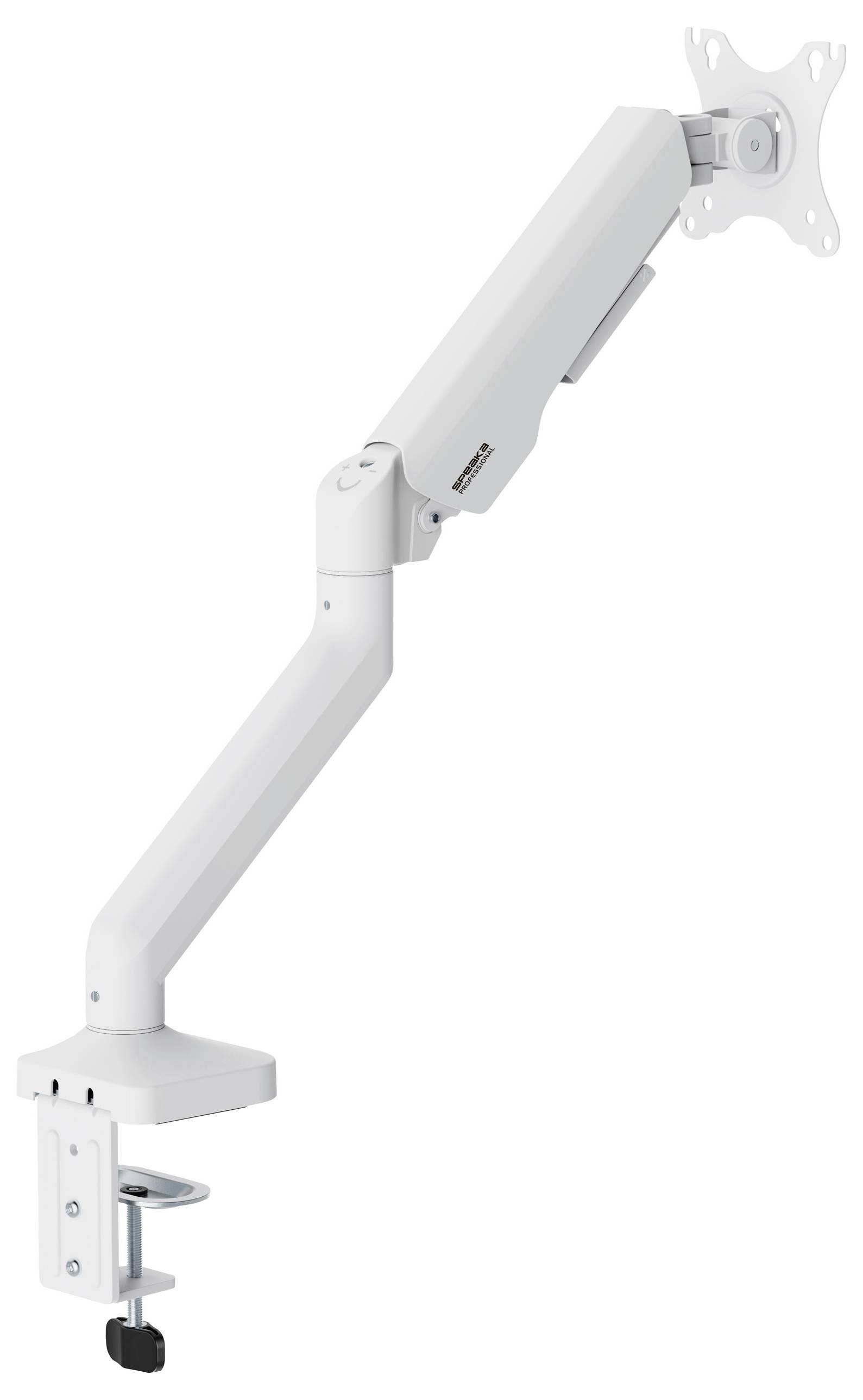 Egy fehér, állítható fém monitorkar, csíptető rögzítéssel íróasztalhoz, VESA-kompatibilis monitorokhoz.