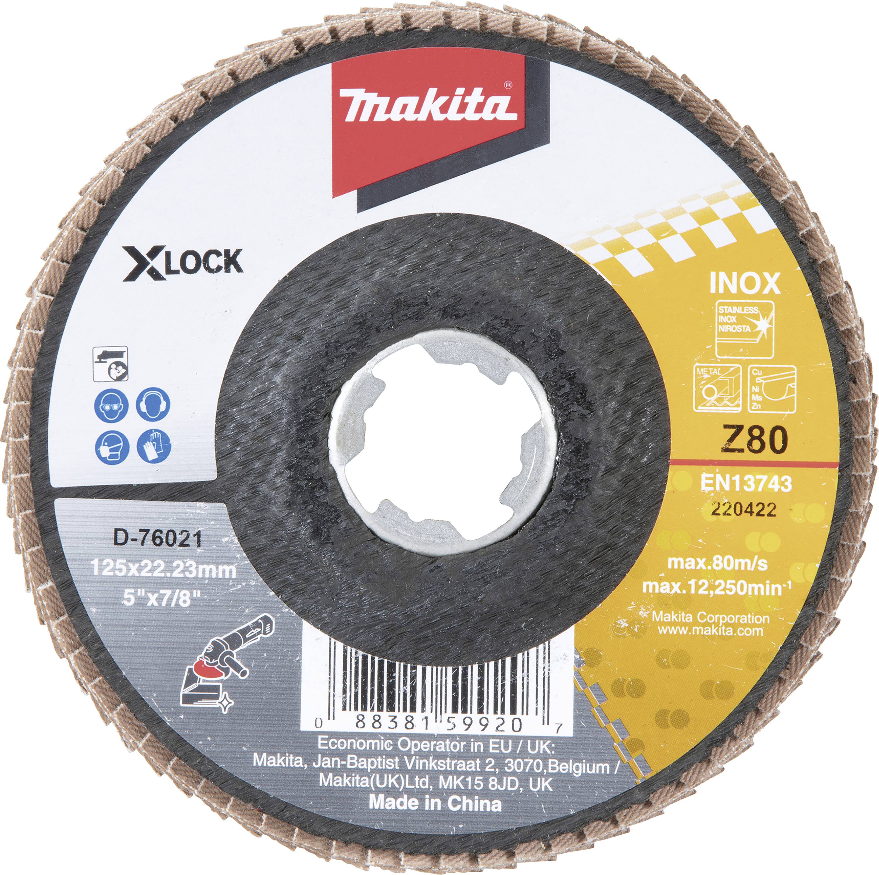 Egy 125x22,23 mm-es sarokcsiszoló korong, alkalmas INOX anyagokhoz, max. 80 m/s sebességig, 12.250 ford./perc, gyártva Kínában.