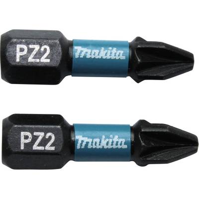 Két Makita csavarhúzó bit PZ2 fejjel, fekete hegyű és kék házú; mindkettő jelzi a modellt és a márkát.