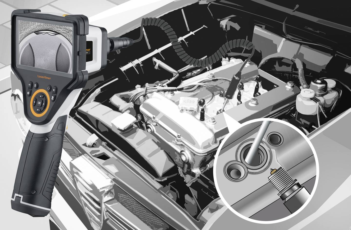 Endoszkópos kamera vizsgálja a motor hengerét gyertyanyíláson keresztül. Nagyított nézet mutatja a részletes belső mechanikát.