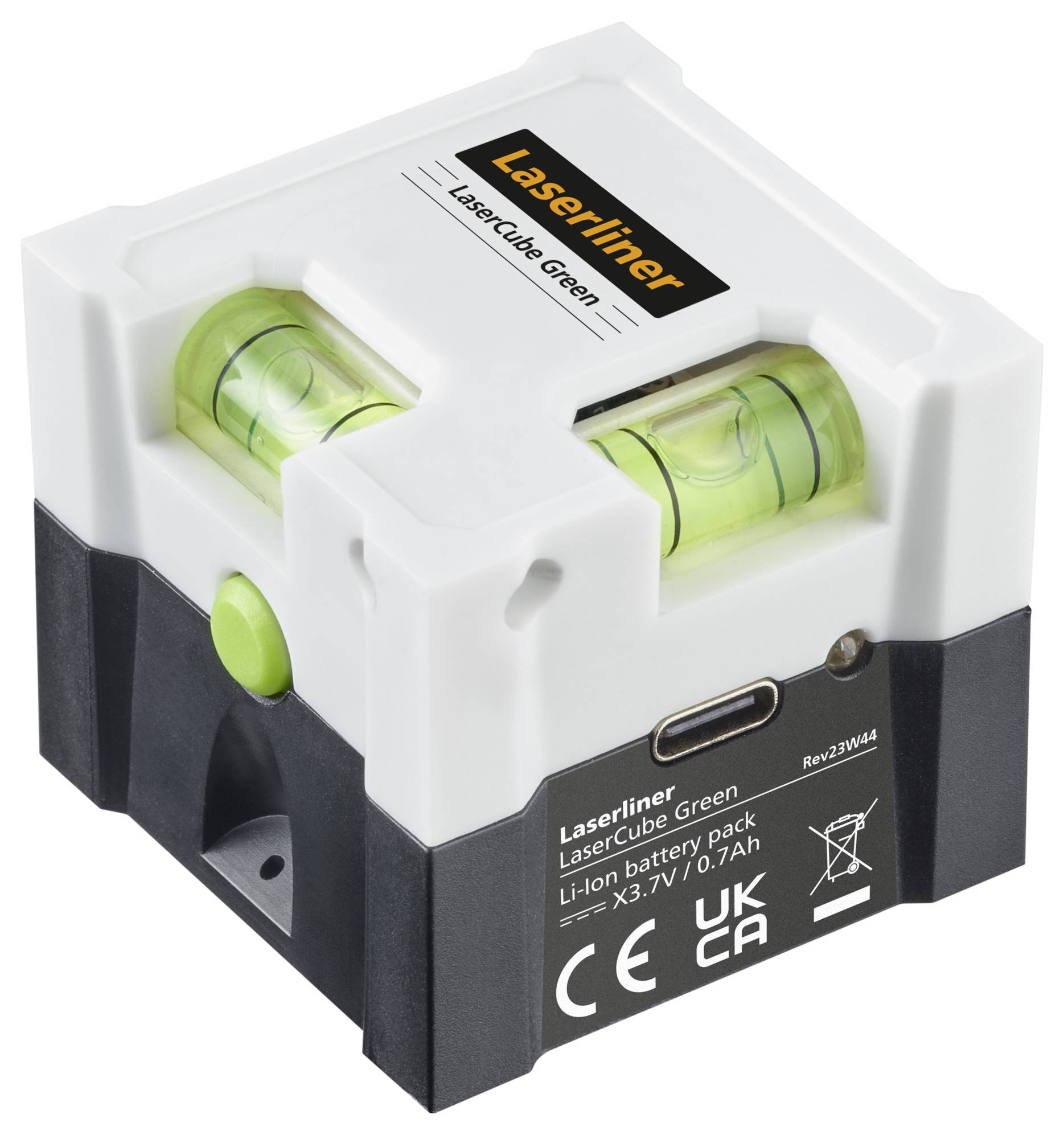 Egy lézeres mérőeszköz vízszintezővel és USB-csatlakozóval, kompakt és hordozható. Jelölések: 'Laserliner', 'LaserCube Green'.