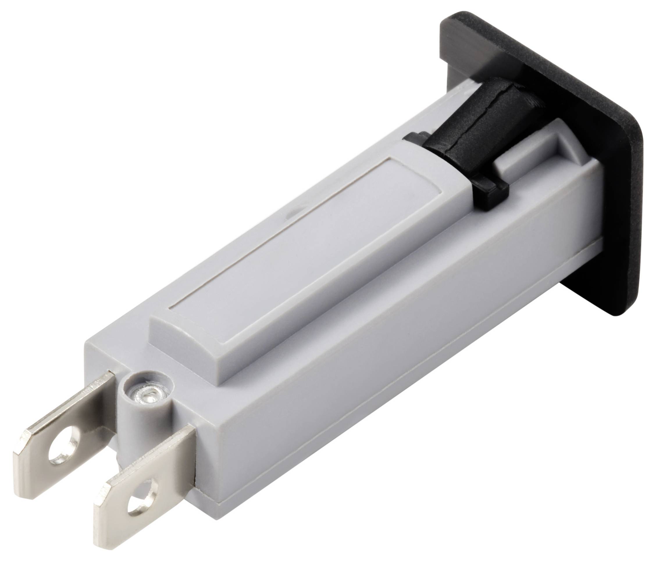 Szürke, téglalap alakú elektromos csatlakozó adapter két fémcsúccsal és fekete borítással. Műszaki csatlakozásokhoz tervezve.
