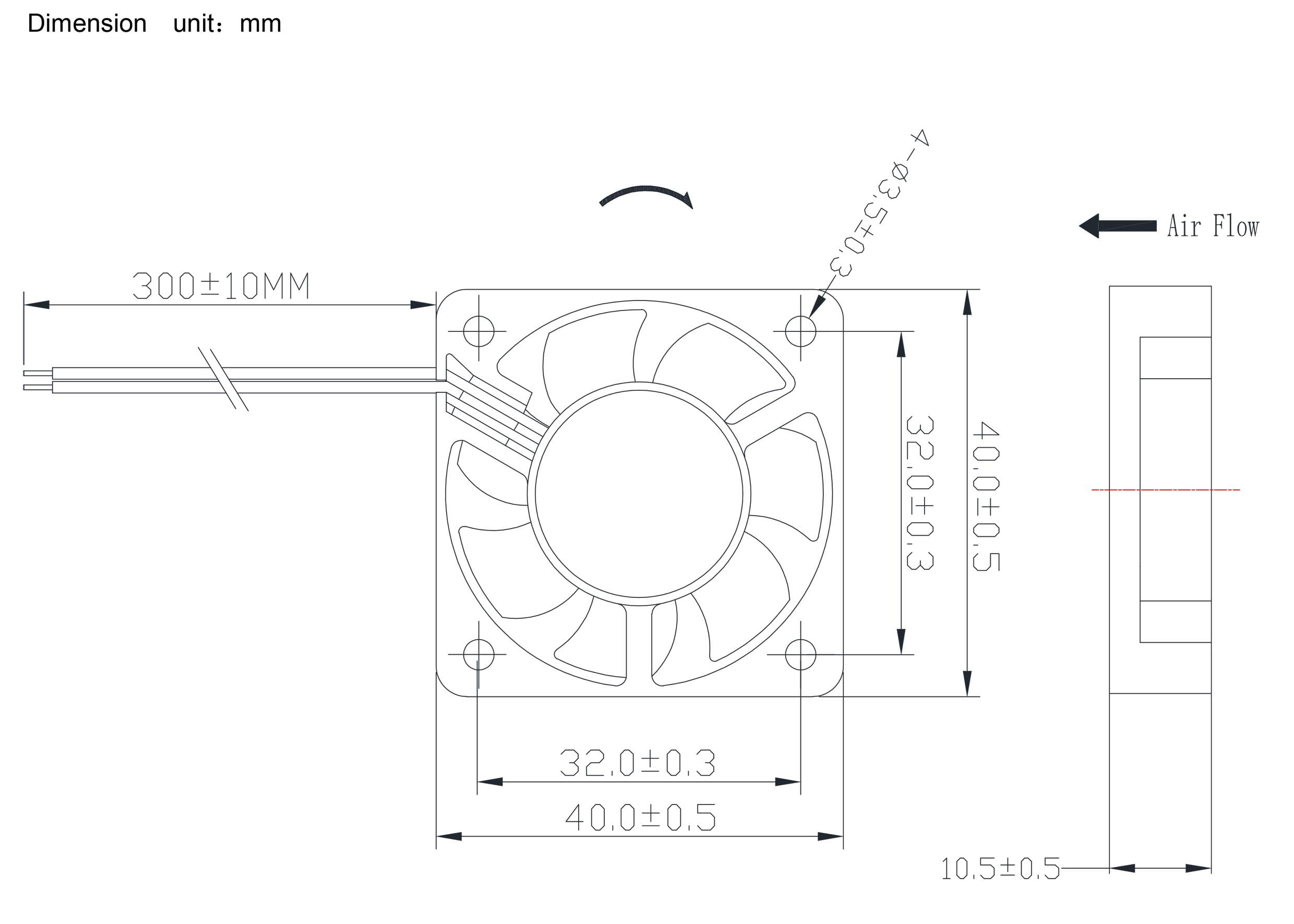Egy ventilátor műszaki rajza méretekkel: 40 mm x 40 mm; áramlási irány feltüntetve; felülnézet és oldalnézet szerepel.