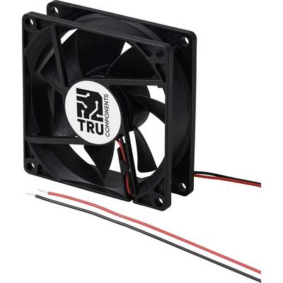 Egy fekete, négyzet alakú számítógép ventilátor, amelynek közepén a 'TRU Components' logó látható. Két kábel (piros és fekete) lóg ki belőle.