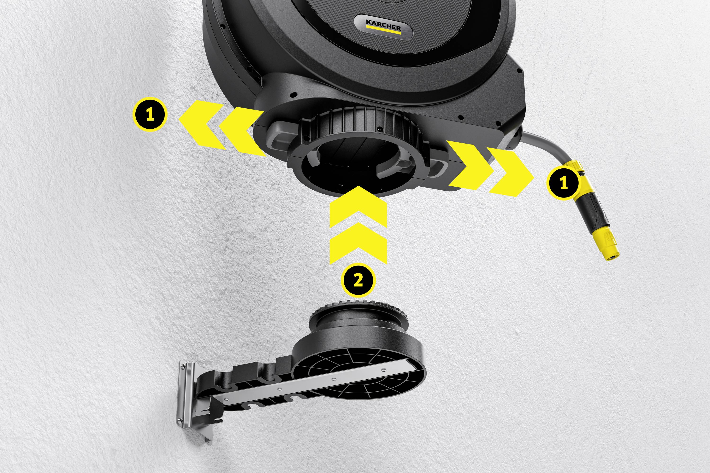 Automata kábeldob fali tartókonzolra szerelve. Az ábra a dob eltávolítását mutatja karbantartási célból.