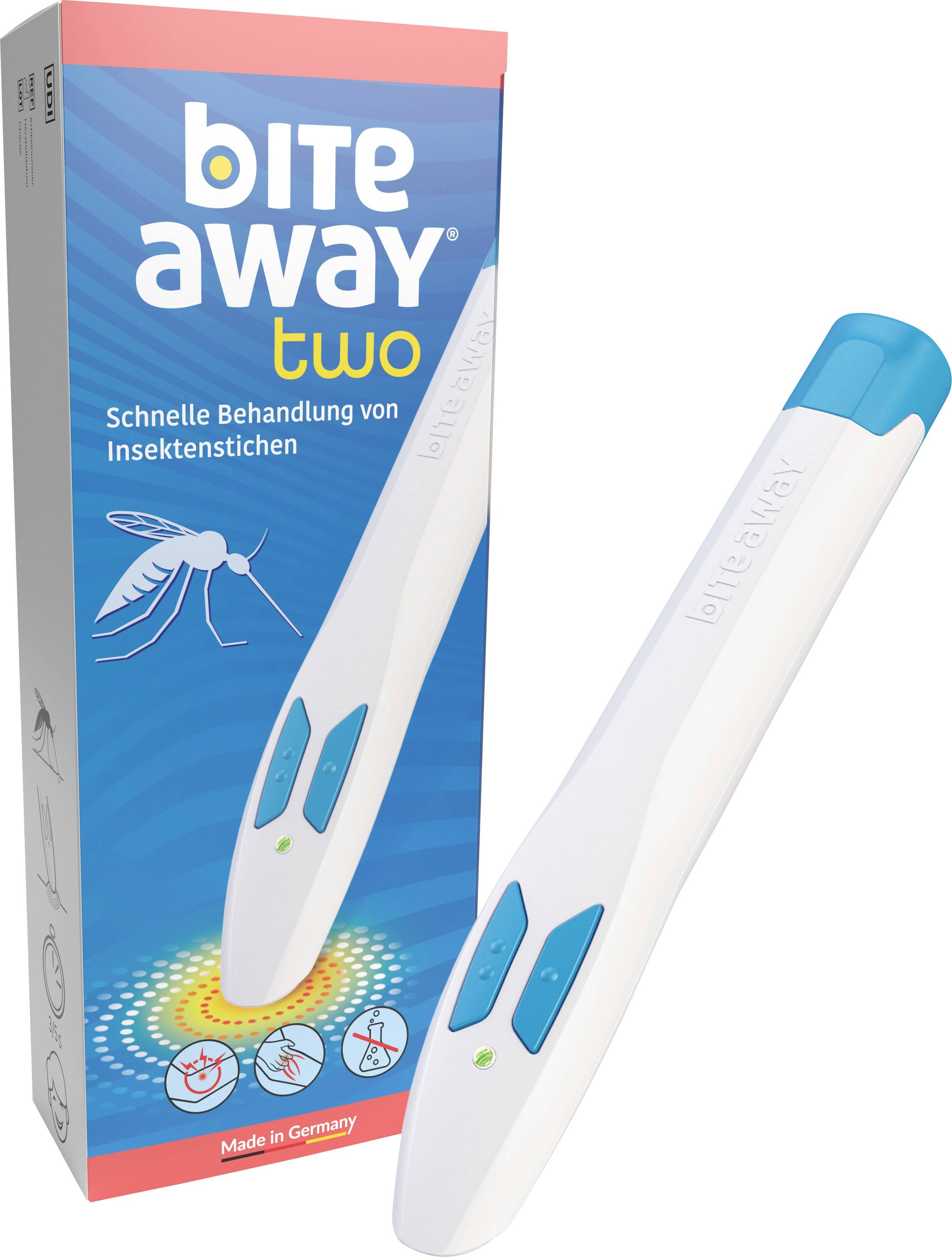 "Bite away two" eszköz rovarcsípések gyors kezelésére, egy szúnyogmintás termékcsomagolás mellett ábrázolva.