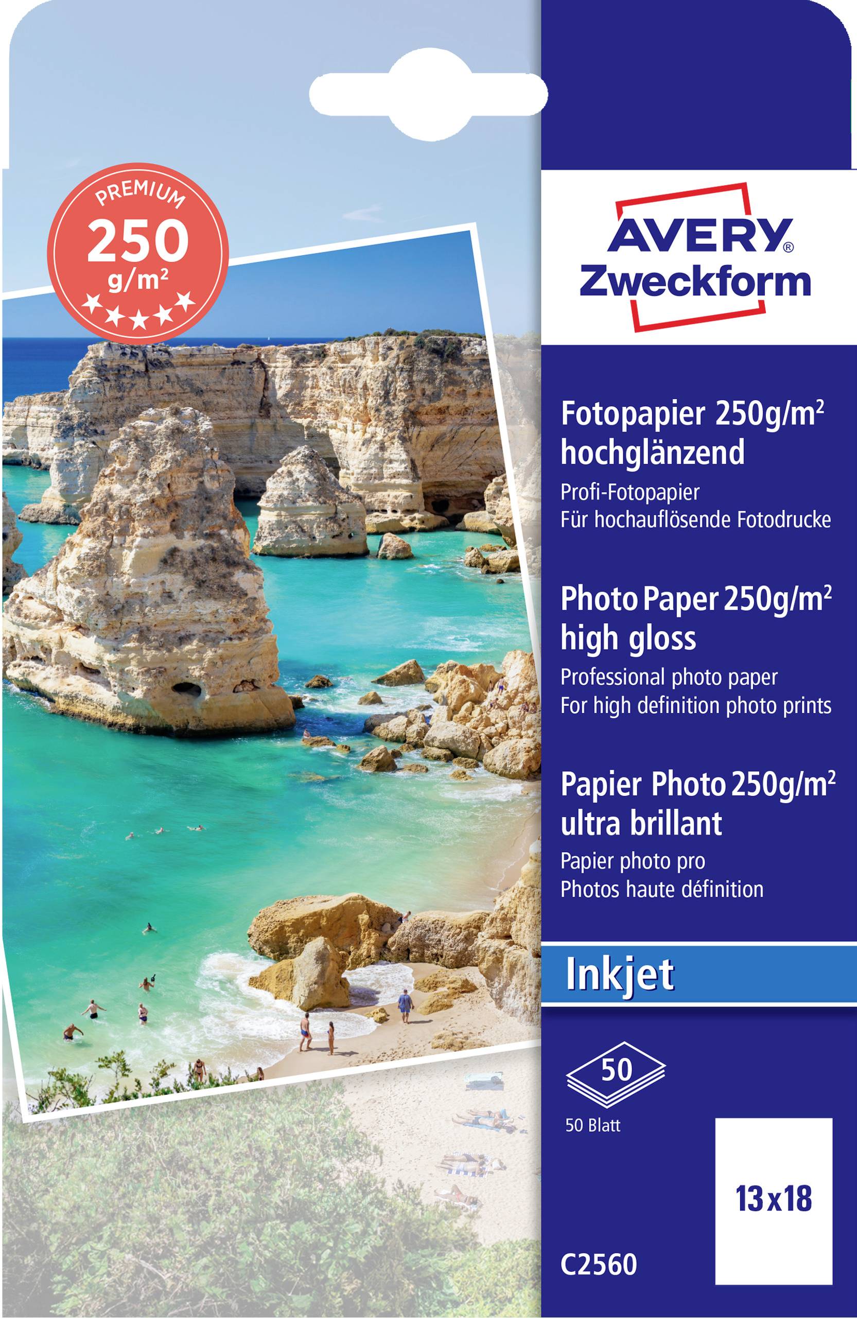Avery Zweckform fényes fotópapír csomag, 250 g/m², tintasugaras nyomtatókhoz, 50 lap, prémium minőség, tengerparti dizájnnal.