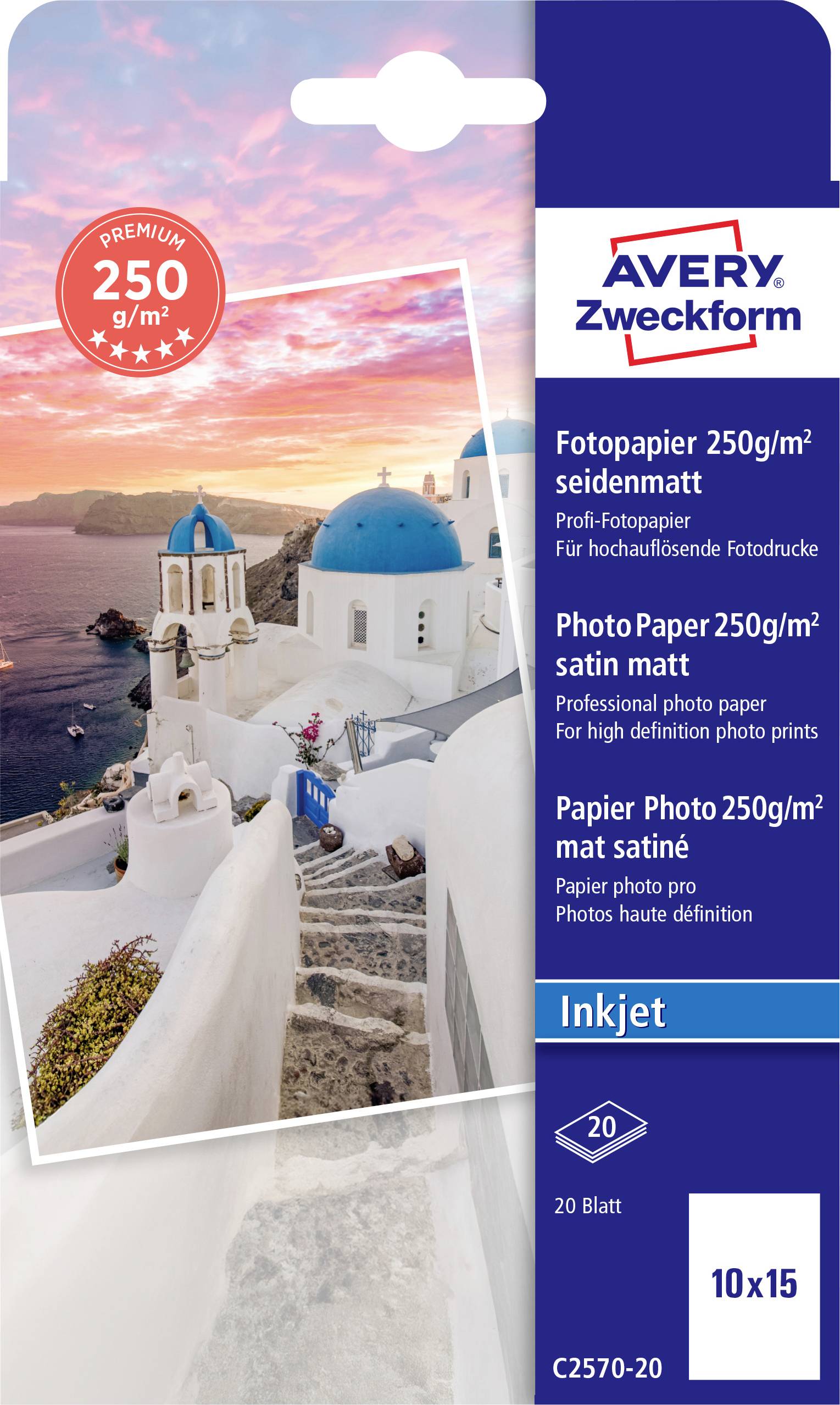 Csomagolás Avery Zweckform fotópapírhoz, 250 g/m² selyemfényű, 10x15 cm, 20 lap tintasugaras nyomtatókhoz. A fotó Santorini látképét mutatja.