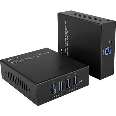 Két fekete számítógépes eszköz USB-csatlakozókkal. Az egyik eszköz "HDMI 18.5G" és "Scaler" feliratot mutat. A másik eszköz "USB 3.0" és "HDBaseT Extender" feliratot jelenít meg.