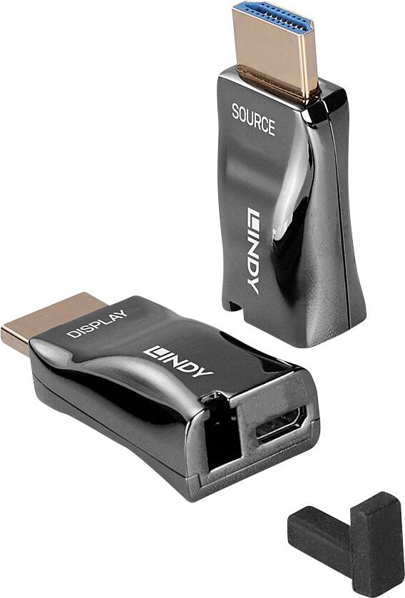 Két fekete HDMI hosszabbító. Az egyik "FORRÁS", a másik "KIJELZŐ" felirattal van ellátva. HDMI jel továbbítására szolgálnak.