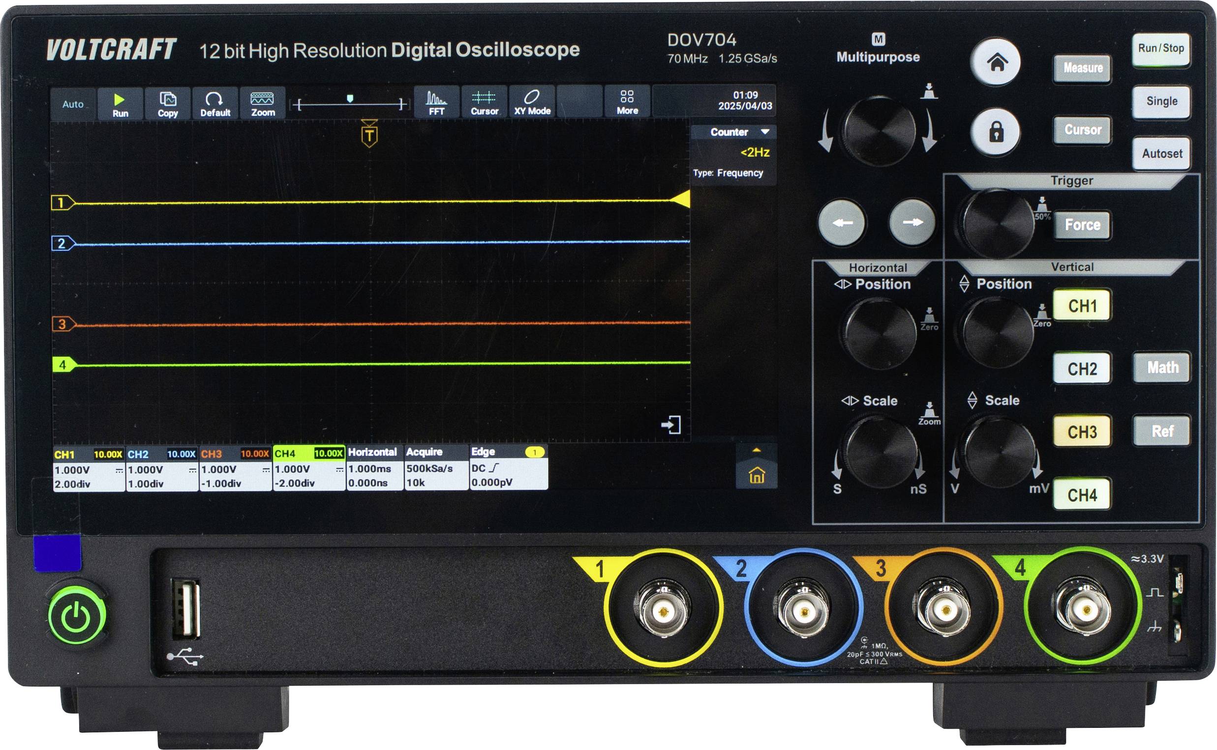 VOLTCRAFT DOV704 Digitális oszcilloszkóp 70 MHz 4 csatornás 1.25 GSa/mp 50 Mpts 12 bit Digitális memória (DSO) 1 db