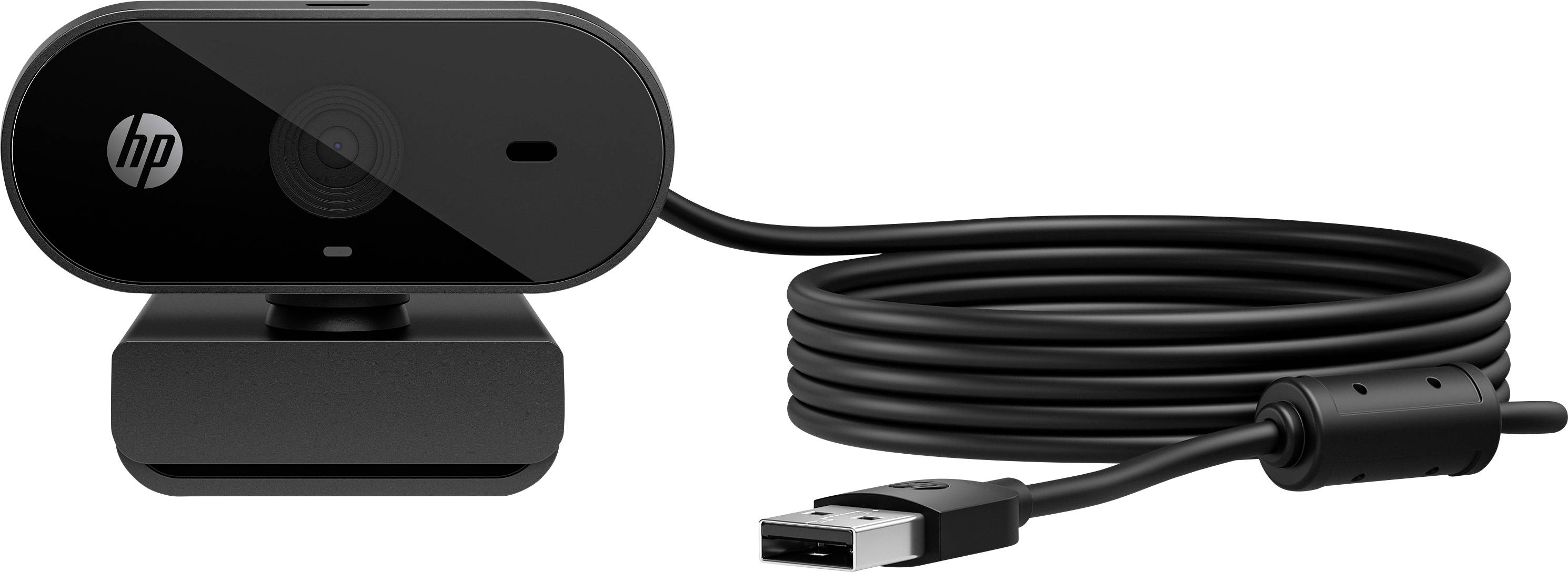 Egy fekete webkamera beépített állvánnyal és USB-kábellel.