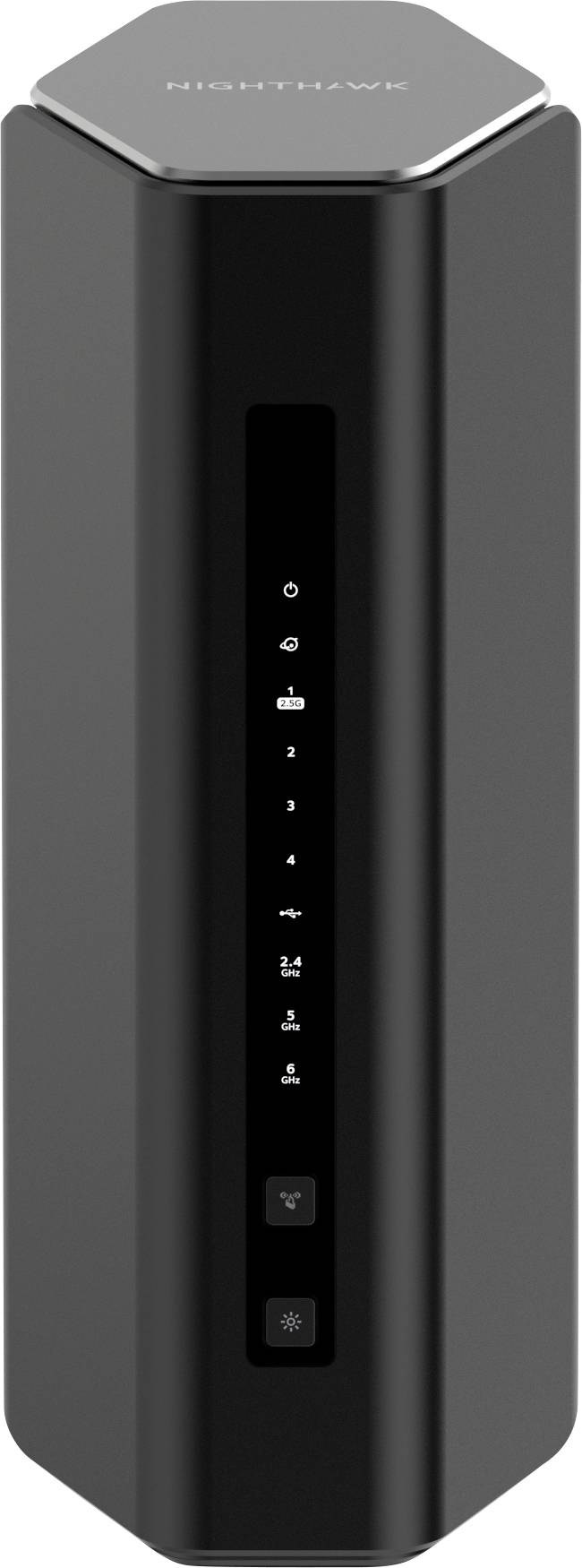 Egy fekete, függőleges elrendezésű WLAN-router, több fénnyel és gombbal az elején, amelyen a 'Nighthawk' felirat látható.