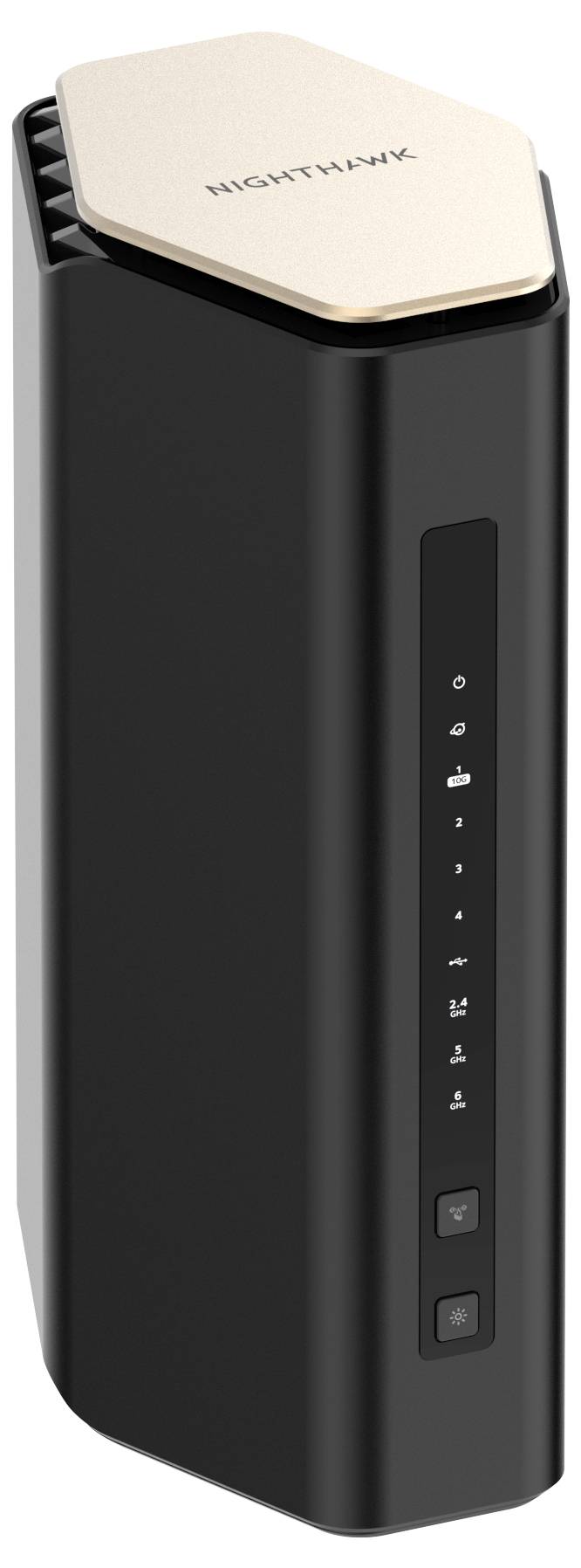 Egy fekete router a 'NIGHTHAWK' felirattal, függőlegesen álló LED-kijelzőkkel és két gombbal az előlapján.